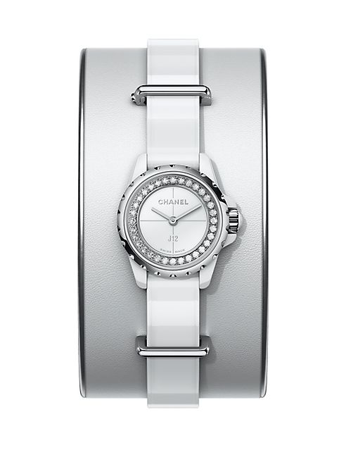 CHANEL - J12 XS Diamond, Stainless Steel, Ceramic & Leather Cuff Bracelet Watch