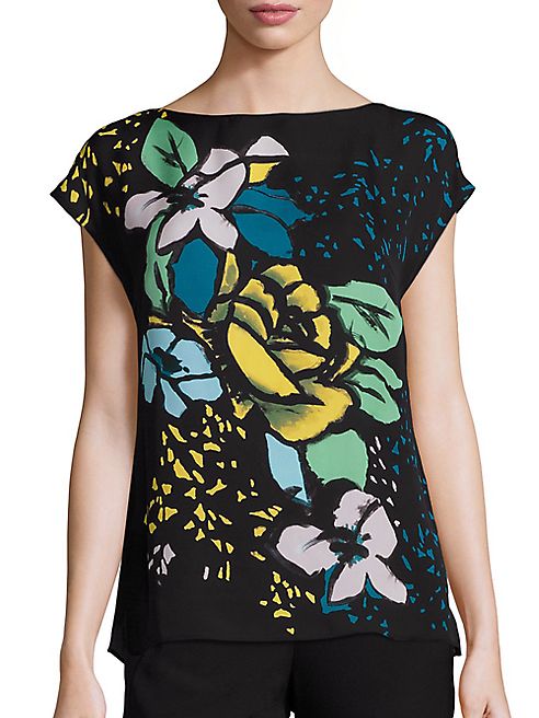Escada - Silk Floral Print Cap-Sleeve Blouse