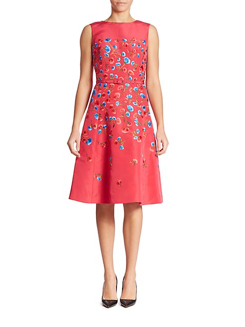 Oscar de la Renta - Floral Embroidered Silk Faille Dress