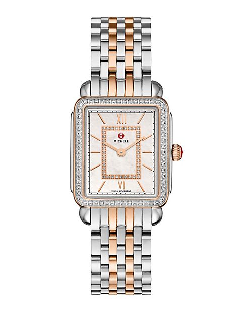 Michele Watches - Deco II Diamond, Mother-Of-Pearl, 18K Rose Gold & Stainless Steel Bracelet Watch