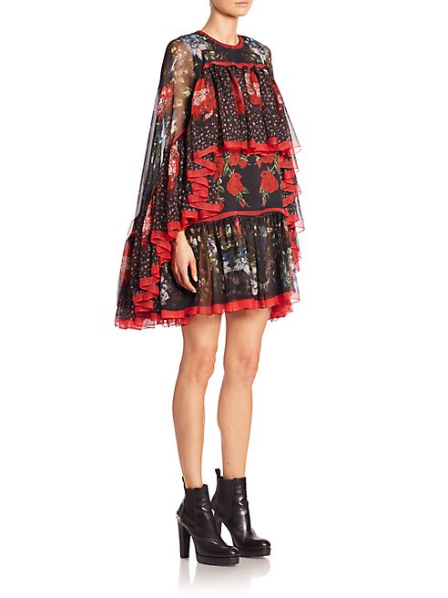 Alexander McQueen - Ruffled Floral-Print Silk Cape Dress