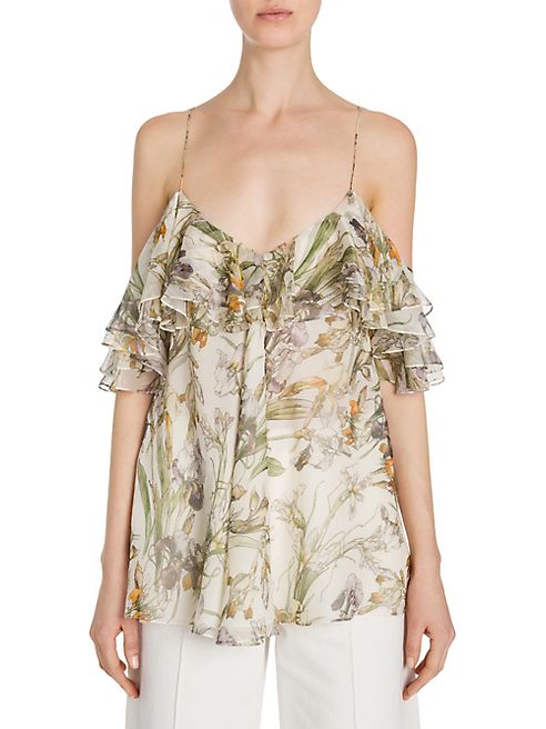 Alexander McQueen - Ruffled Floral-Print Silk Cold-Shoulder Top