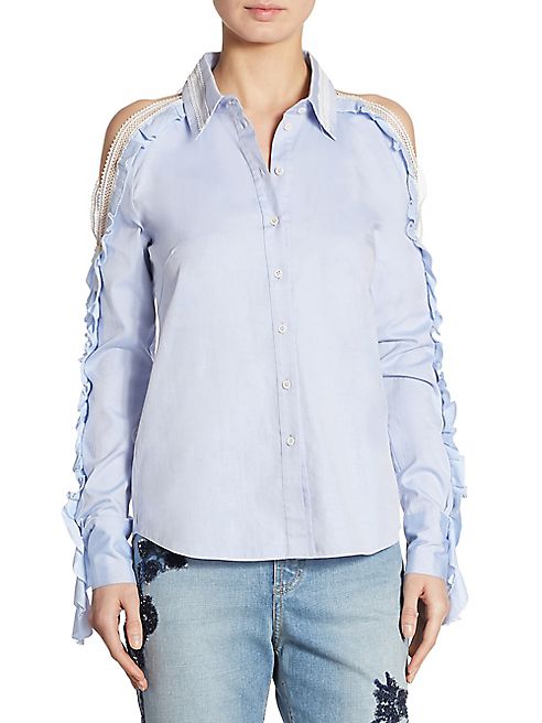 Jonathan Simkhai - Ruffled Cold-Shoulder Oxford Shirt